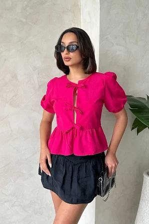 Fuşya Önden Bağlamalı Poplin Toptan Bluz
