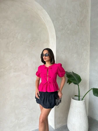 Fuşya Önden Bağlamalı Poplin Toptan Bluz