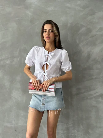 Beyaz D 2699 Önden Bağlamalı Poplin Bluz