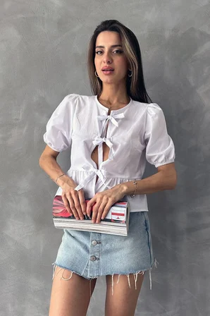 Beyaz D 2699 Önden Bağlamalı Poplin Bluz