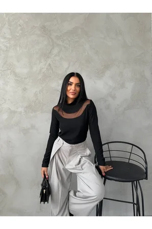 Tül Detaylı Ottoman Kumaş Bluz