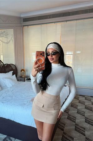 Bej Bodycon Mini Etek Kapaklı Cep İle