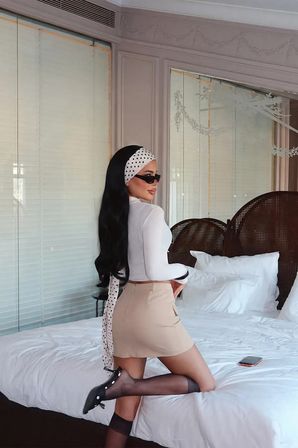 Bej Bodycon Mini Etek Kapaklı Cep İle