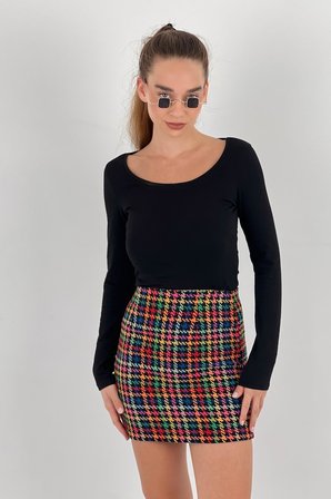 Yüksek Bel Mini Bodycon Etek  Karışık Renkli Kareli Desen