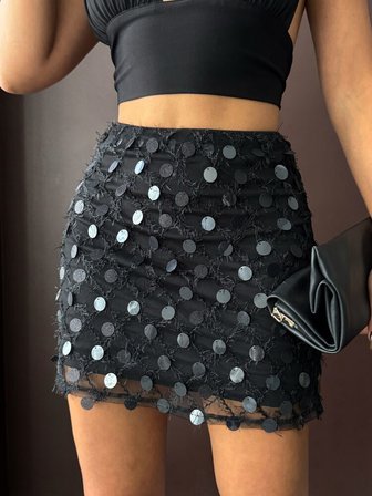 Siyah Seksi Zarif Işıltılı Resmi Nostaljik Retro Bodycon Mini Yüksek Bel Puantiye Düz Lastikli Etek