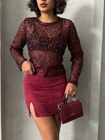 Bordo Suet Yırtmaclı Toptan Etek