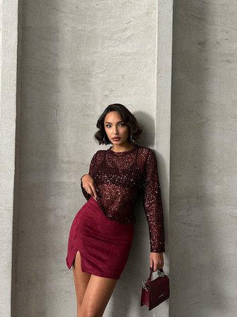 Bordo Suet Yırtmaclı Toptan Etek