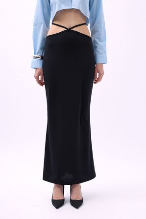 Bel Bağlamalı Maxi Etek - Siyah