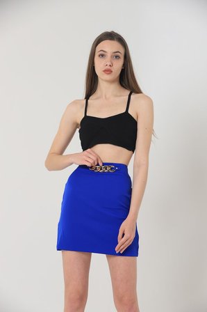 Beli Zincirli Diz Üstü Etek - Saks