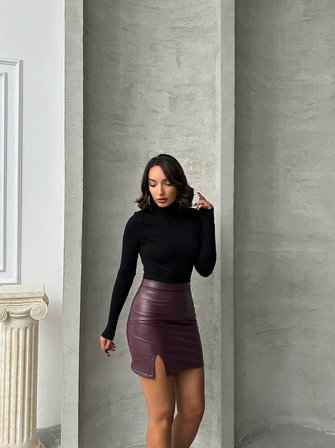 Bordo Diz Üstü Deri Etek