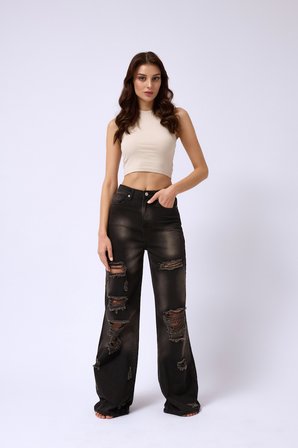 Lazer Kesim Wide Leg Yüksek Bel Jean - Kar Yıkama Füme