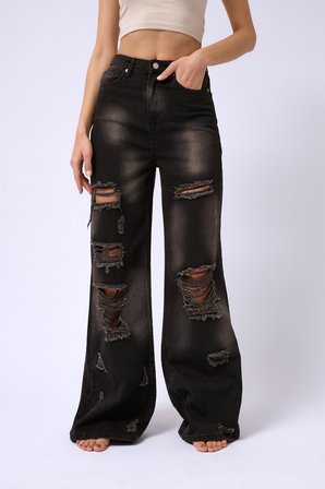 Lazer Kesim Wide Leg Yüksek Bel Jean - Kar Yıkama Füme