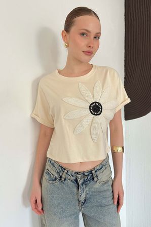 Bej Gündelik Çiçekli Kısa Crop Bluz Kısa Kollu