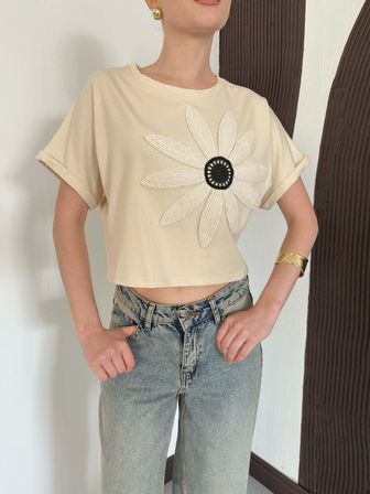 Bej Gündelik Çiçekli Kısa Crop Bluz Kısa Kollu