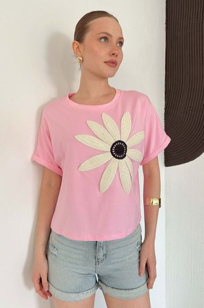 Pembe Gündelik Sevimli Bluz Kelebek Desenli