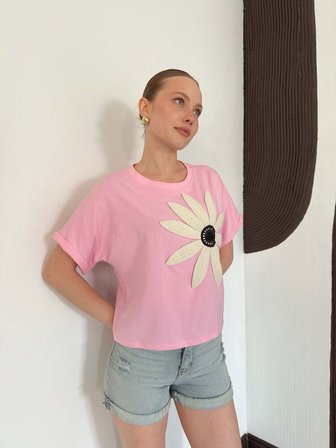Pembe Gündelik Sevimli Bluz Kelebek Desenli