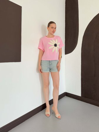 Pembe Gündelik Sevimli Bluz Kelebek Desenli