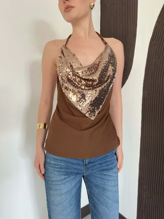 Kahverengi Payetli Halter Yaka Bluz