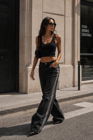 Siyah Geniş Paça Yüksek Bel Mom Kot Pantolon