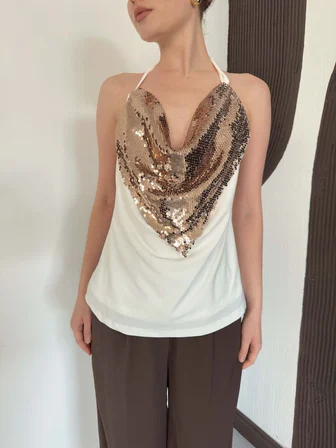 Beyaz Payetli Halter Yaka Bluz