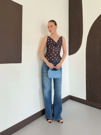 Kahverengi Puantiye Retro Bluz