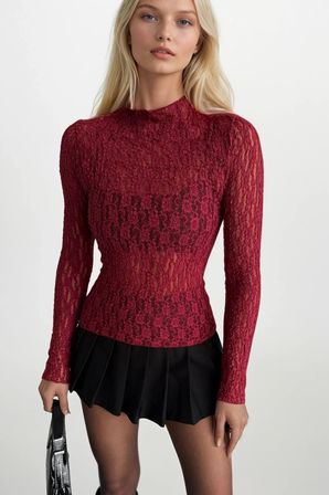 Bordo Bluz Çiçekli Ve Karpuz Kollu