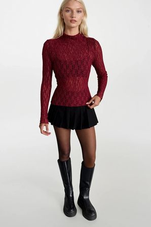 Bordo Bluz Çiçekli Ve Karpuz Kollu