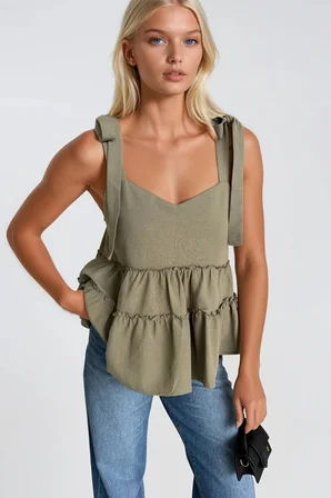 Haki Gündelik Boho Sevimli Kolsuz Bluz