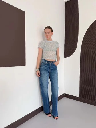 Mavi Dar Kesim Crop Balıkçı Yaka Bluz