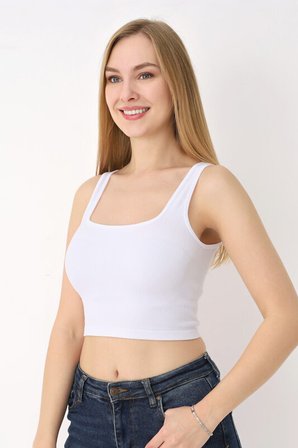 Beyaz Kare Yaka Dikişsiz Crop Body