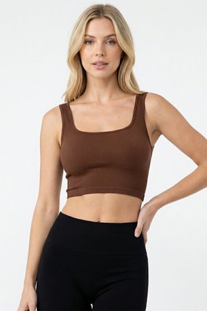 Kahverengi Kare Yaka Dikişsiz Crop Body