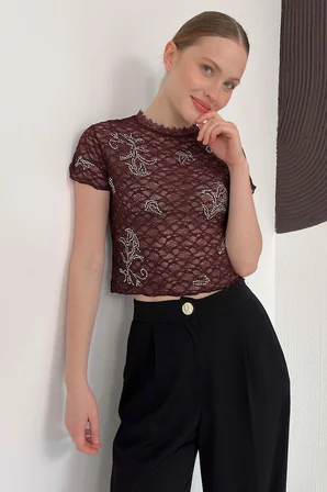 Bordo Bluz Balıkçı Yaka Ve Kısa Kollu