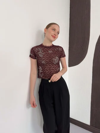 Bordo Bluz Balıkçı Yaka Ve Kısa Kollu