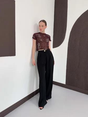 Bordo Bluz Balıkçı Yaka Ve Kısa Kollu