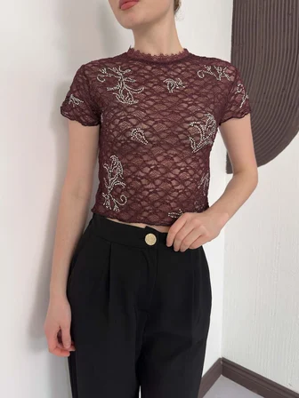 Bordo Bluz Balıkçı Yaka Ve Kısa Kollu