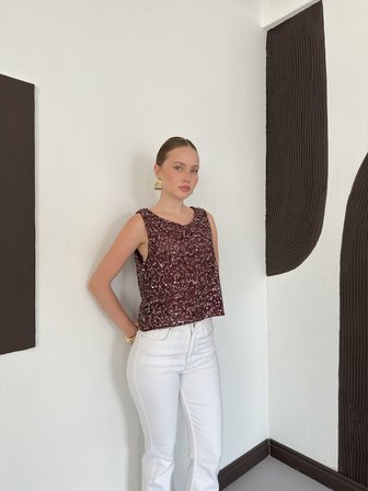 Bordo Bluz Payetli Işıltılı Stil İle