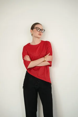 Kırmızı Çizgili 3/4 Kollu Bluz