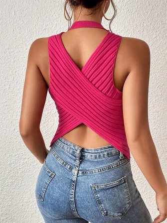 Kadın Sıfır Kol Sırt Çapraz Detay Triko Bluz - Pembe