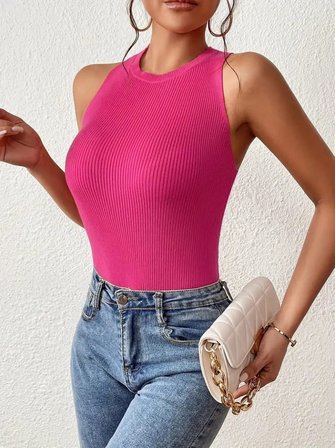 Kadın Sıfır Kol Sırt Çapraz Detay Triko Bluz - Pembe