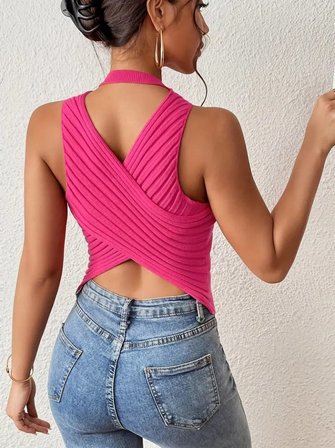 Kadın Sıfır Kol Sırt Çapraz Detay Triko Bluz - Pembe