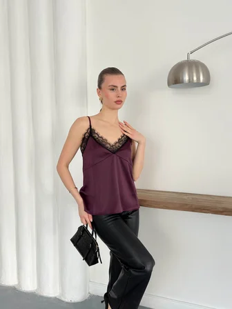 Bluz Bordo Dar Kalıp V Yaka Kolsuz Japone Kol