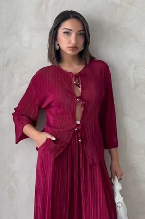 Önden Bağlamalı Plise Ceket - Bordo