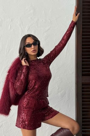 Bluz Bordo Işıltılı Zarif Seksi