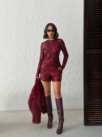 Bluz Bordo Işıltılı Zarif Seksi