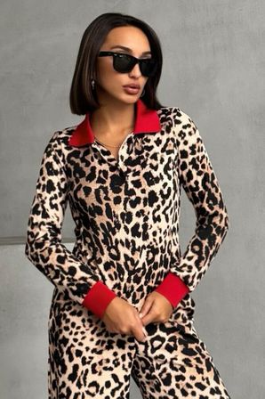Leopar Desenli Polo Yaka Bluz