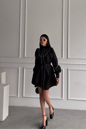 Önden Düğmeli Poplin Kloş Elbise Bağlama Kemer Detaylı