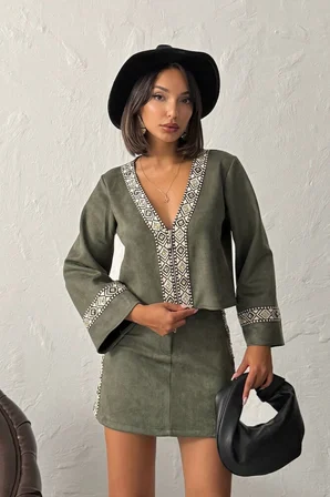 Yeşil Boho Bluz Derin Dekolte
