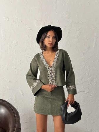 Yeşil Boho Bluz Derin Dekolte