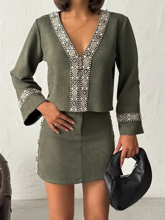 Yeşil Boho Bluz Derin Dekolte