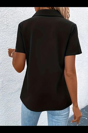 Kadın Kısa Kollu Ceket Yaka Önü Fermuarlı Cep Detay Kısa Kol Ithal Krep Bluz - Siyah